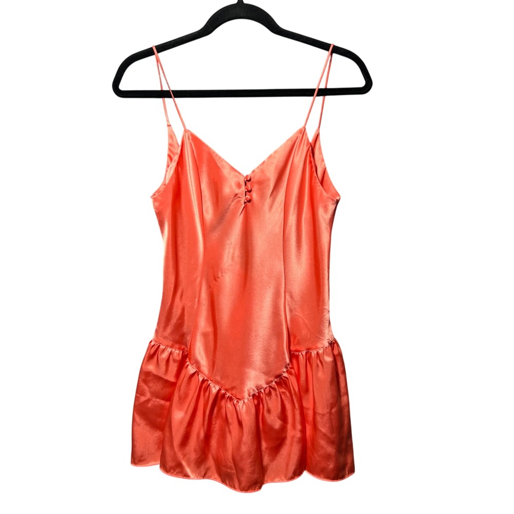 Vintage Victoria's Secret Coral Satin Ruffle Babydoll Chemise Nightgown Small